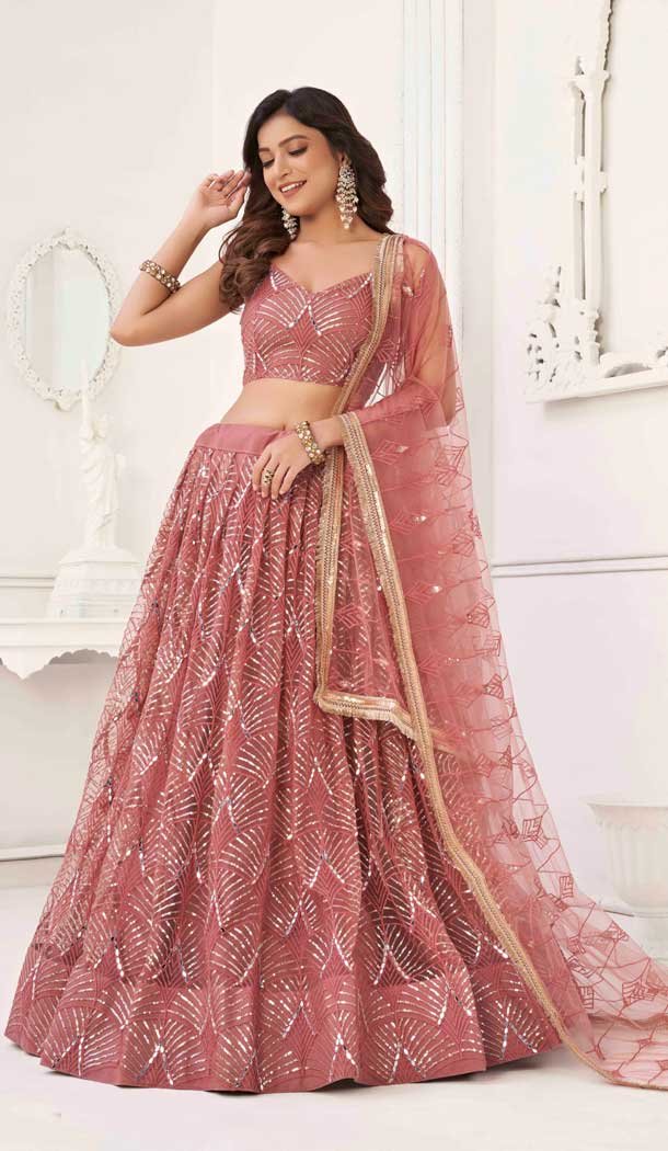 Butterfly Net Sequence Embroidery Work Designer Lehenga in Pink -8887184657
