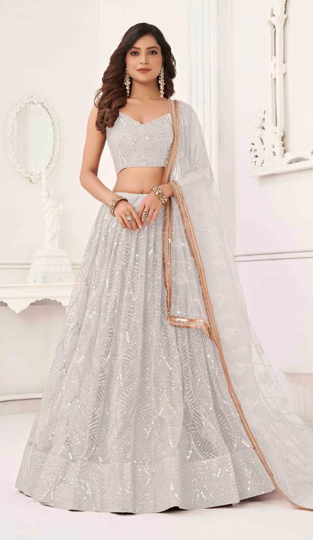 Butterfly Net Sequence Embroidery Work Designer Lehenga in White -8887184661