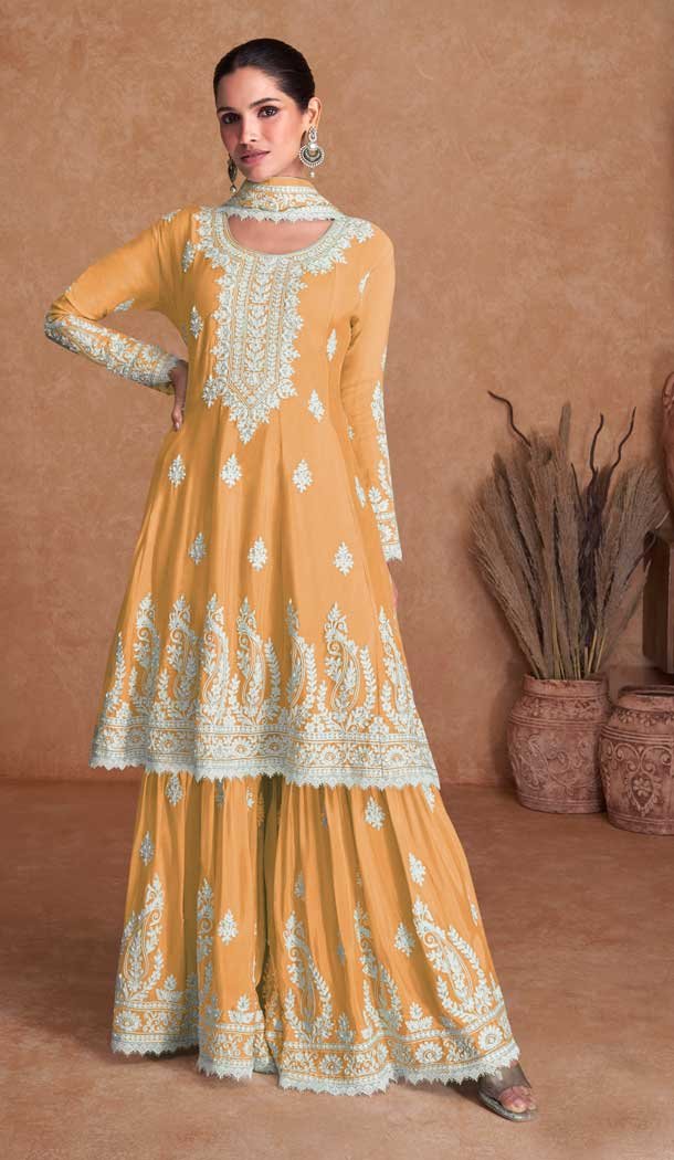 Embroidery Work Real Silk Designer Sharara Suit In Mustard -8889184667