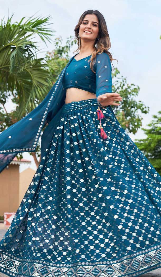 Georgette Sequence Embroidery Work Teal Blue Color Lehenga Choli -8893184675