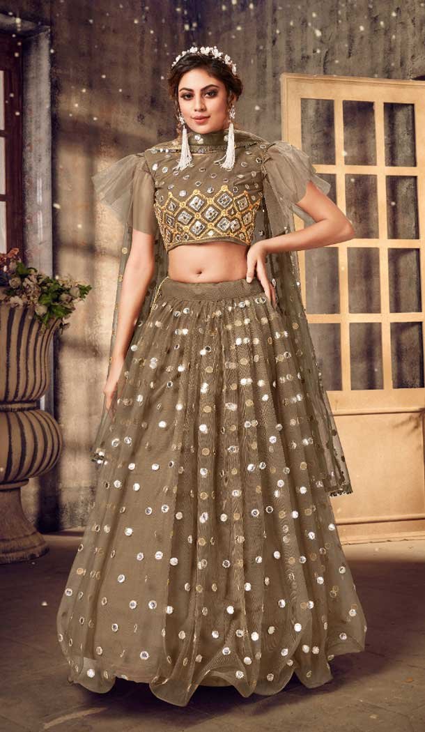 Dark Beige Color Soft Net Mirror Work Heavy Lehenga Choli -8910184765