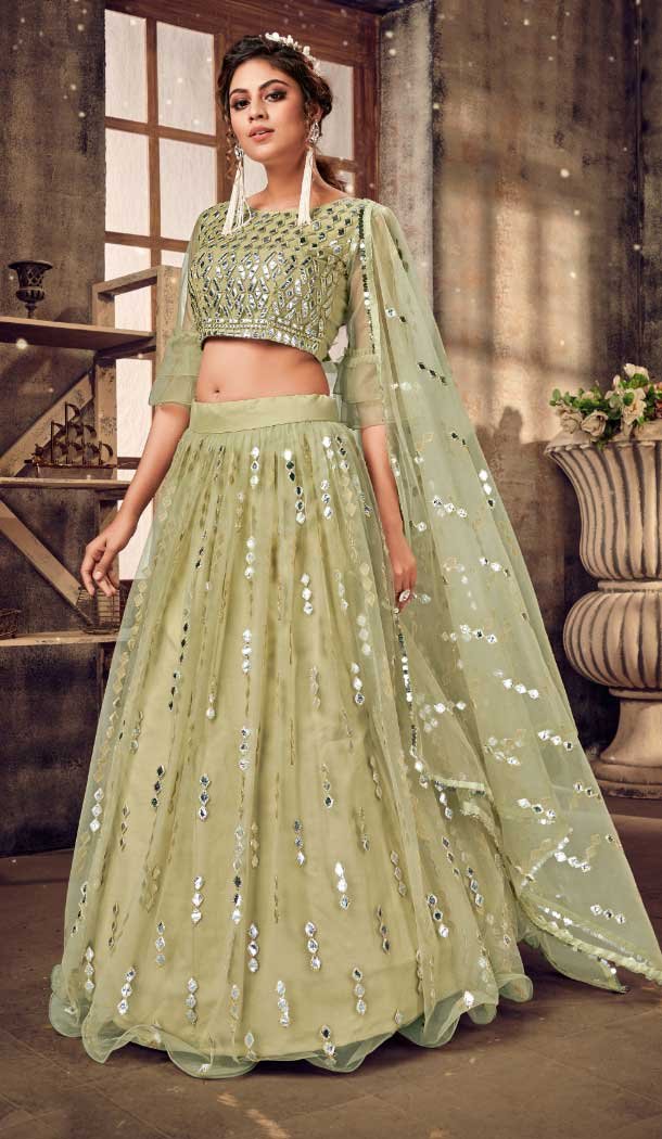 Pista Green Color Soft Net Mirror Work Heavy Lehenga Choli -8910184766
