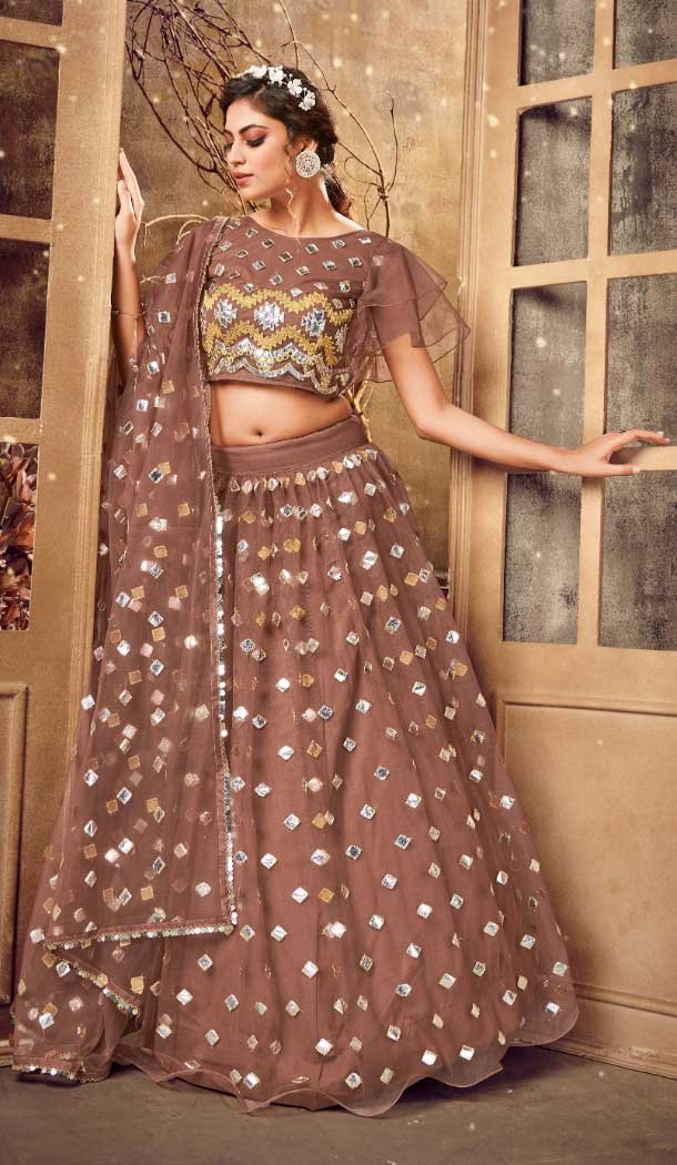 Brown Color Soft Net Mirror Work Heavy Lehenga Choli -8910184769