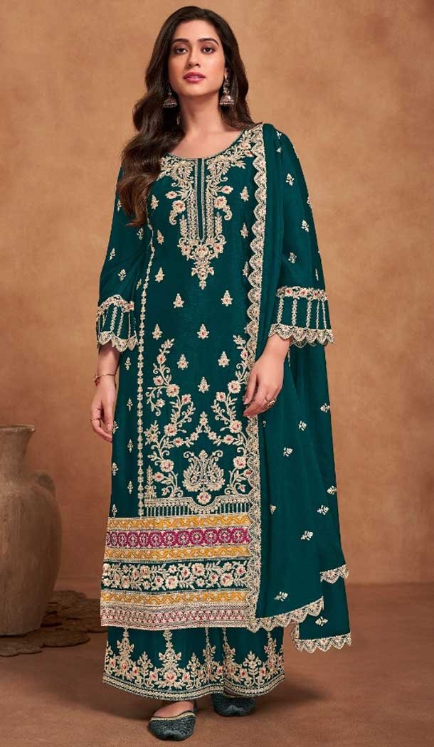 Heavy Chinon Embroidery Work Teal Green Color Pakistani Palazzo Suit -8919184835