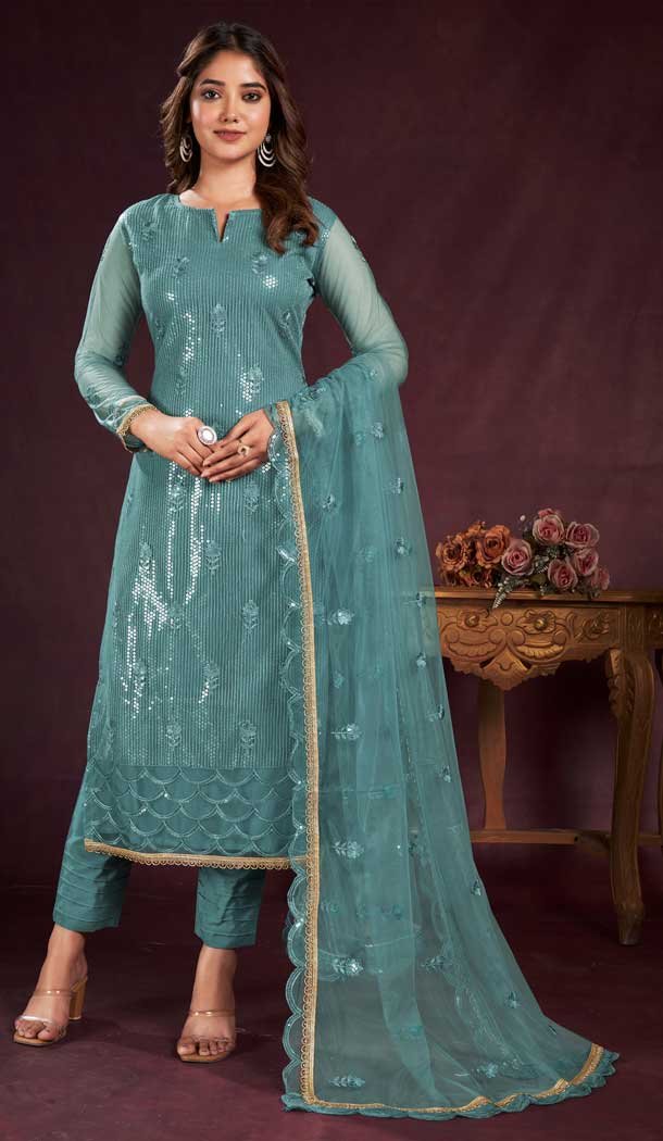 Butterfly Net Sequence Embroidery Work Salwar Kameez in Turquoise Blue -8921184842