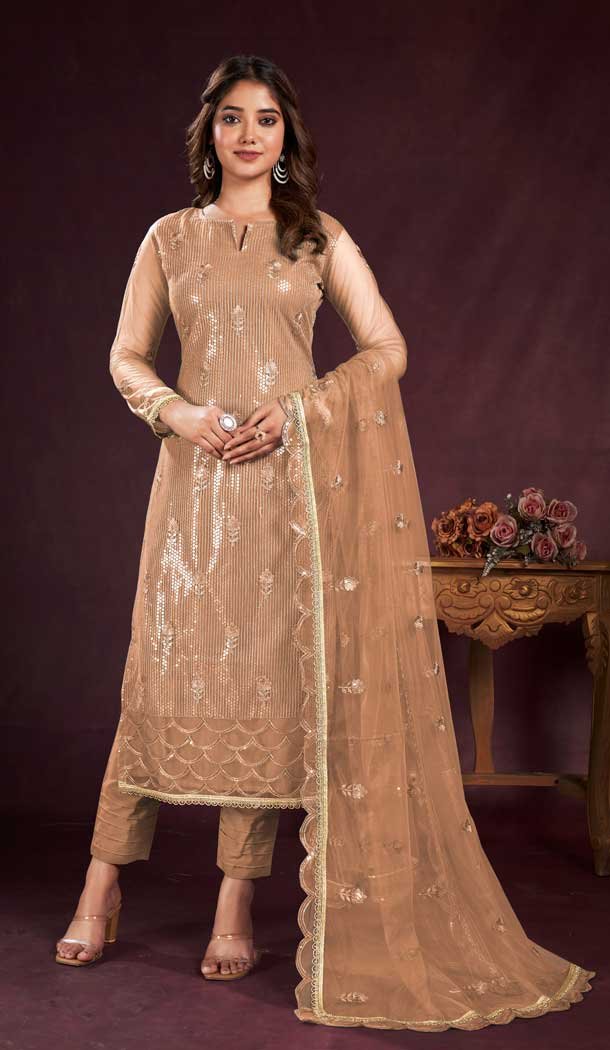 Butterfly Net Sequence Embroidery Work Salwar Kameez in Light Brown -8921184845