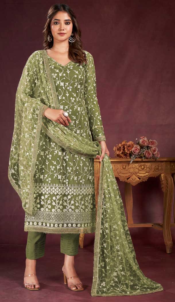 Butterfly Net Sequence Embroidery Work Salwar Kameez in Mehendi Green -8921184847