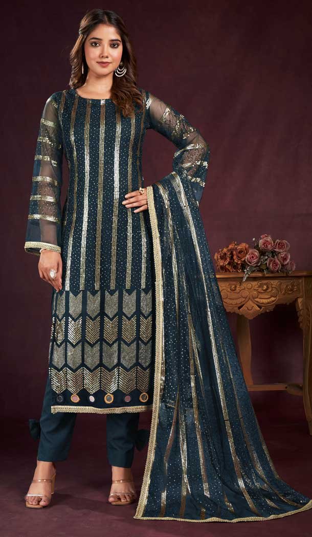 Butterfly Net Sequence Embroidery Work Salwar Kameez in Teal Blue -8921184850