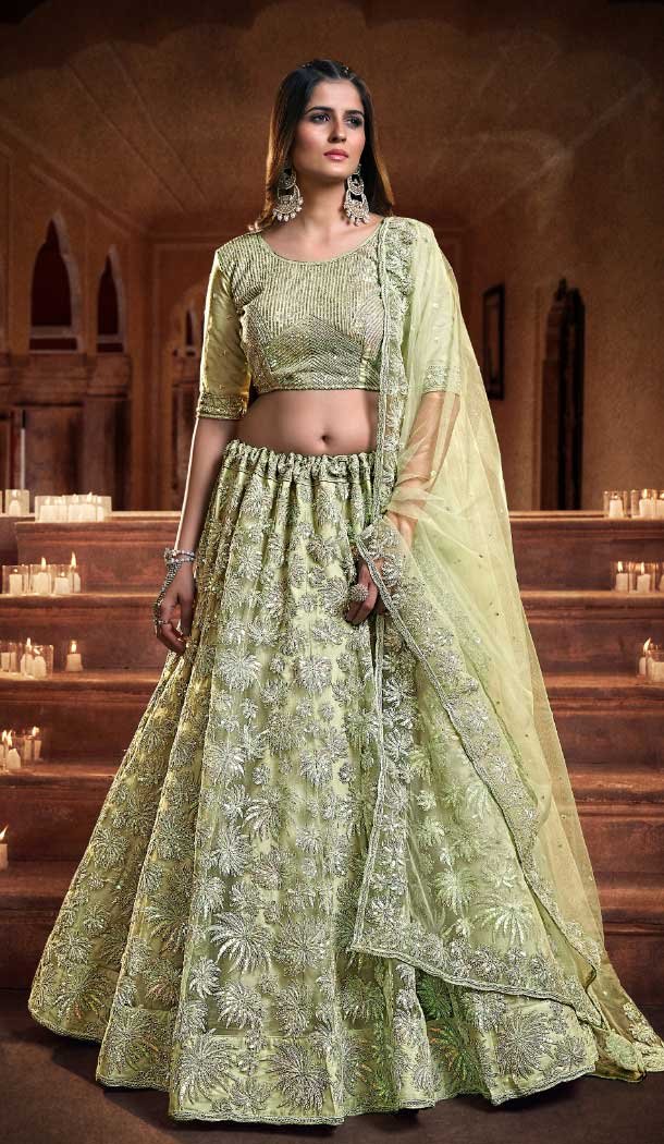 Soft Net Zari Thread Work Mehendi sangeet wear Lehenga in Pista Green -8964185032