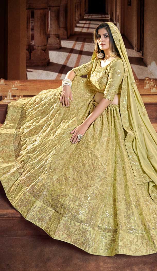 Georgette Zari Thread Work Mehendi sangeet wear Lehenga in Dark Yellow -8964185033