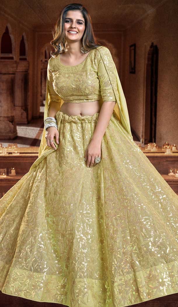 Georgette Zari Thread Work Mehendi sangeet wear Lehenga in Dark Yellow -8964185033