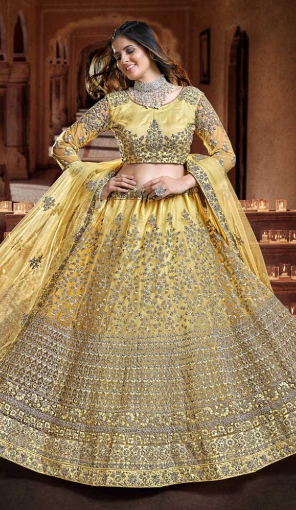 Soft Net Zari Thread Work Mehendi sangeet wear Lehenga in Yellow -8964185034