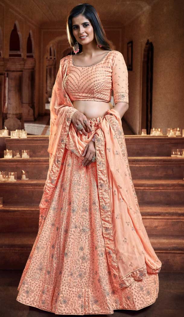 Georgette Zari Thread Work Mehendi sangeet wear Lehenga in Peach Orange -8964185035