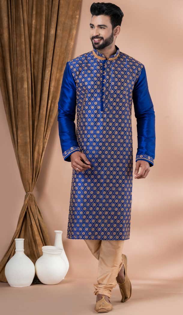 Embroidery Work Banarasi Dhupion Designer Men's Wear Kurta in Blue -9021185290