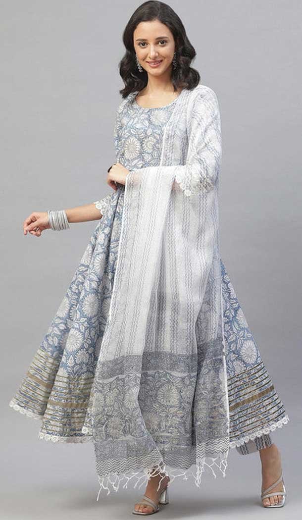Pure Cotton Foliage Print Work Designer Readymade Salwar Suit in Grey -9088185634