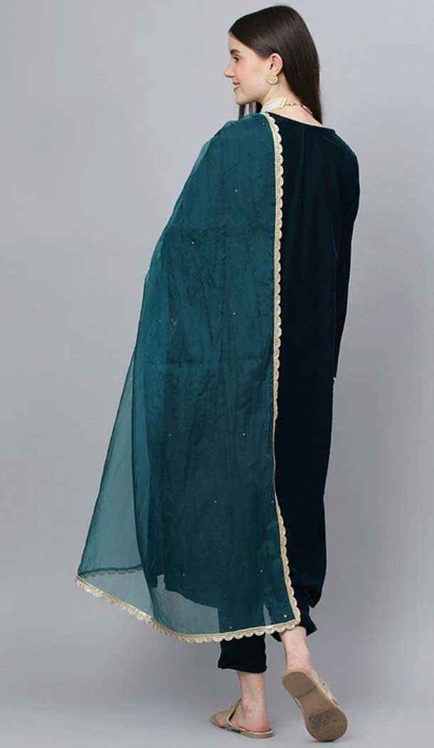 Velvet Embroidery Work Designer Heavy Readymade Salwar Suit in Teal Blue -9087185632