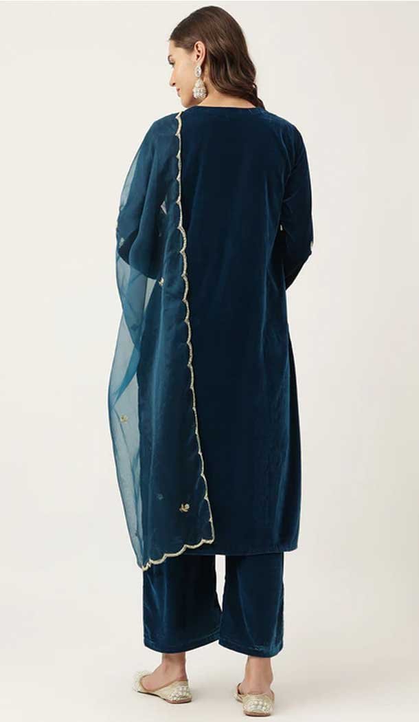 Velvet Embroidery Work Designer Heavy Readymade Salwar Suit in Navy Blue -9087185633