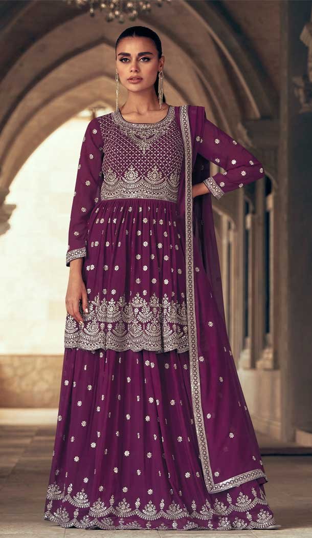 Georgette Embroidery Work Party Wear Lehenga Suit in Wine -9091185649