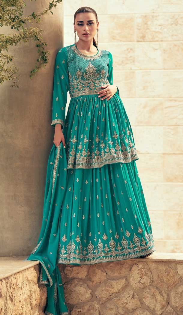 Georgette Embroidery Work Party Wear Lehenga Suit in Sky Blue -9091185651