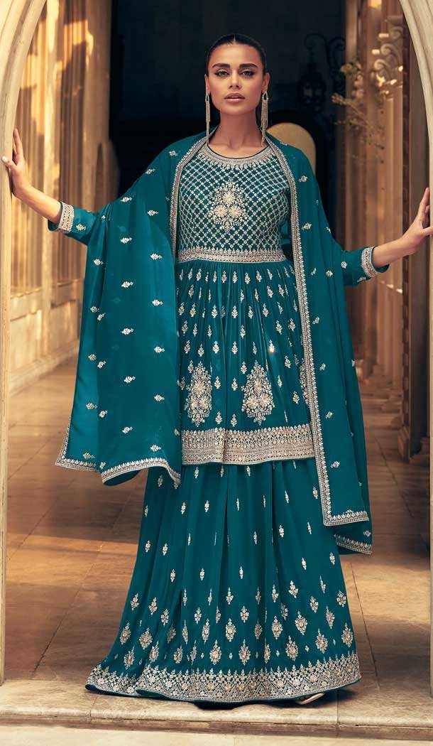 Georgette Embroidery Work Party Wear Lehenga Suit in Morpich -9091185653