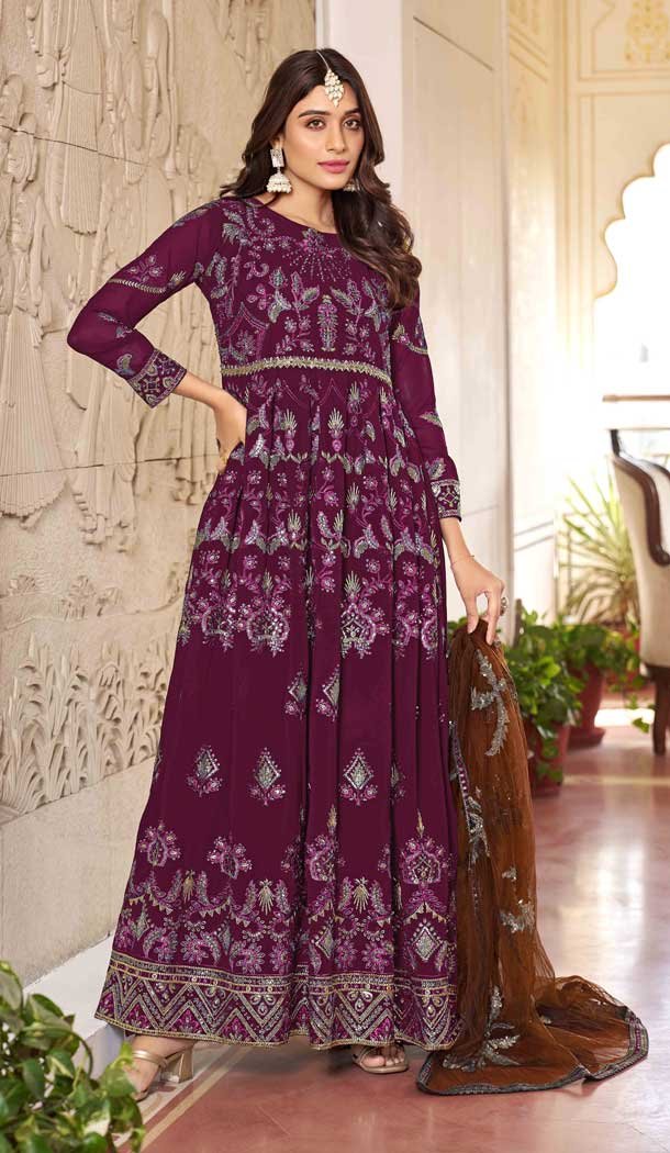 Embroidery Work Faux Georgette Party wear Salwar Suit in Purple -9103185684