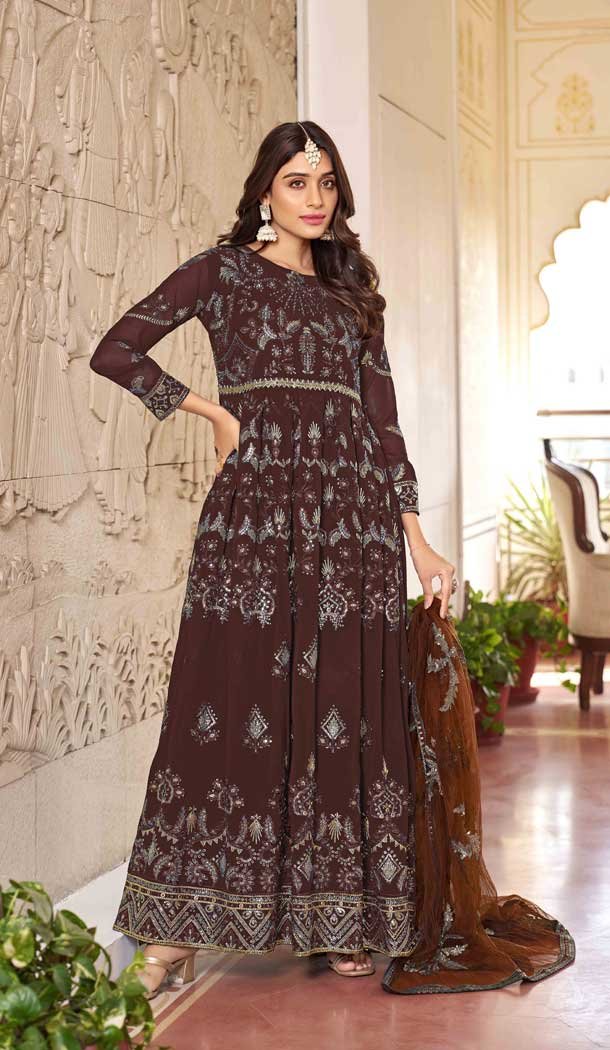 Embroidery Work Faux Georgette Party wear Salwar Suit in Brown -9103185686