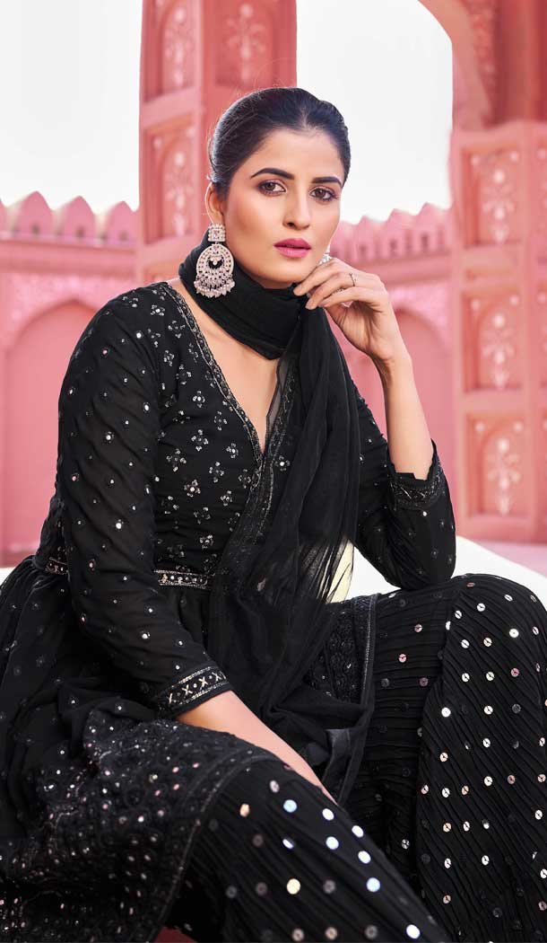 Georgette Embroidery Work Designer Wear Salwar Suit in Black -9109185708