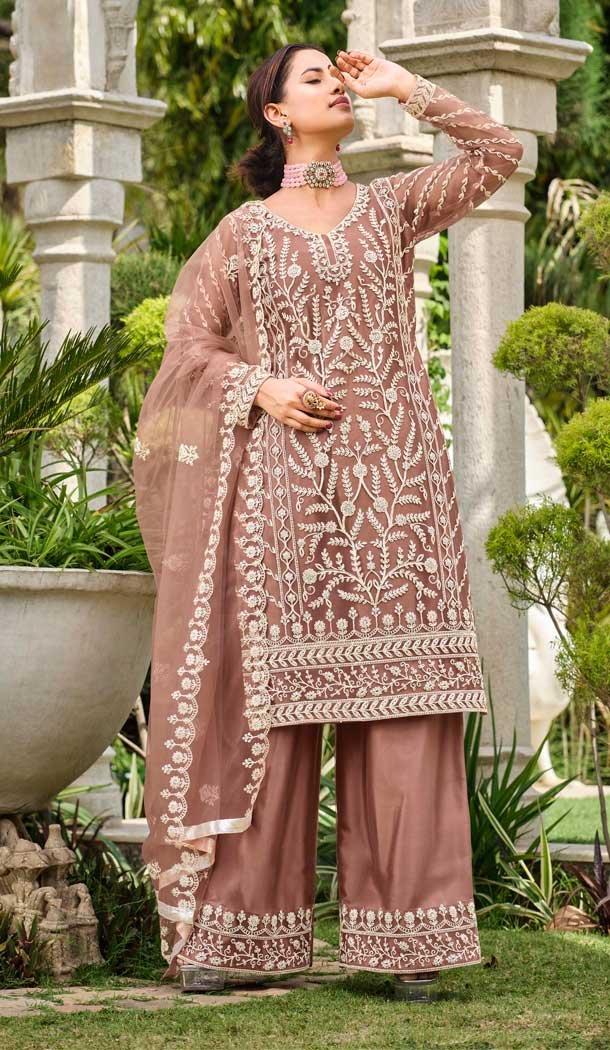 Pure Butterfly Net Heavy Coding Work Pakistani Palazzo Suit in Beige -9111185714