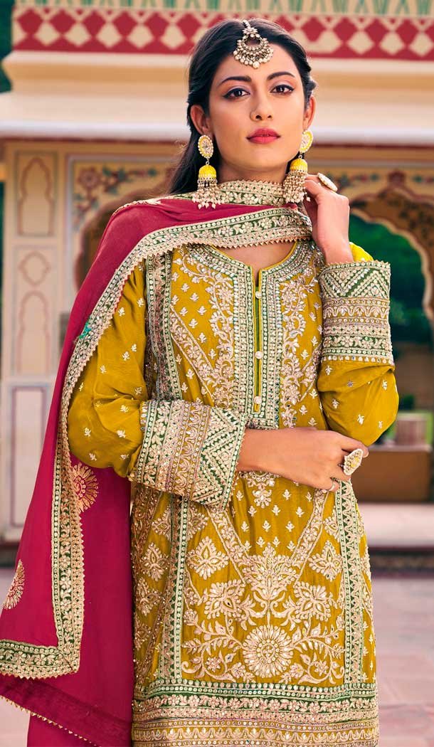 Embroidery Work Blooming Chinon Designer Salwar Suit in Yellow -9191186199