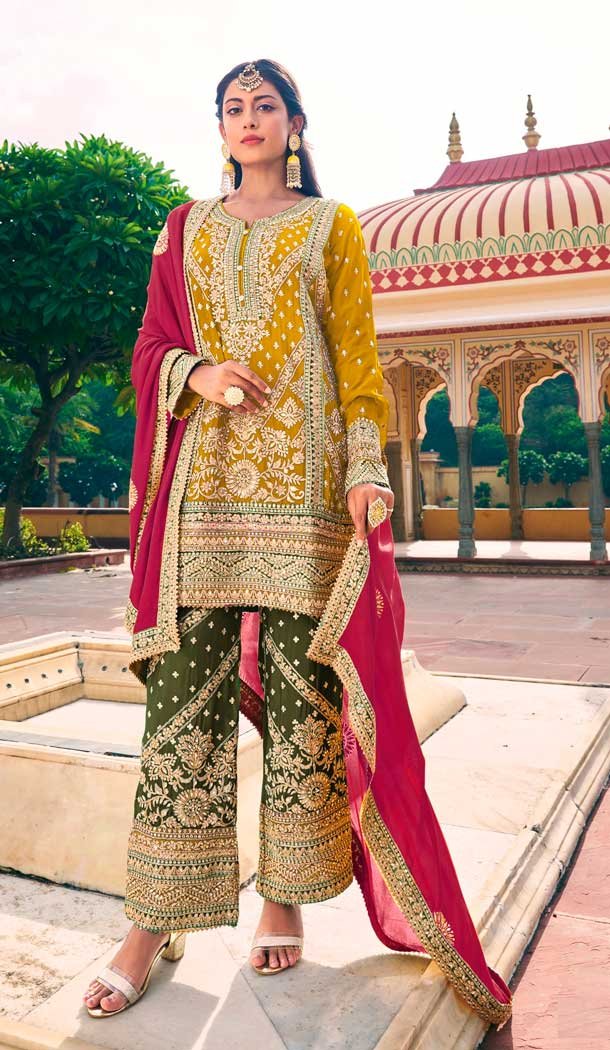 Embroidery Work Blooming Chinon Designer Salwar Suit in Yellow -9191186199