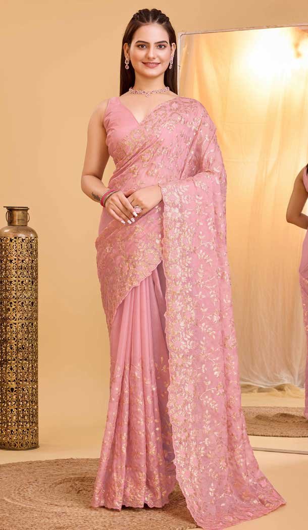 Organza Silk Sequence Work Party Wear Saree Blouse in Pink -9232186330