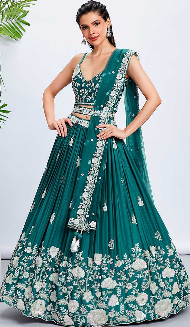 Embroidery Work Georgette Designer Wear Lehenga Choli In Turquoise -138885491