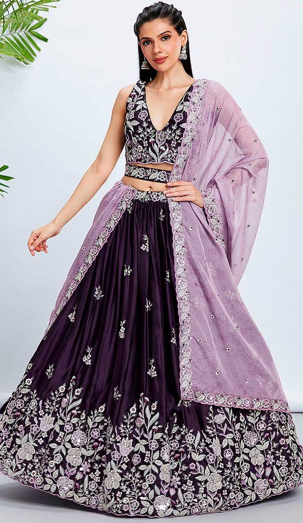 Embroidery Work Raw Silk Designer Wear Lehenga Choli In Purple -138885494