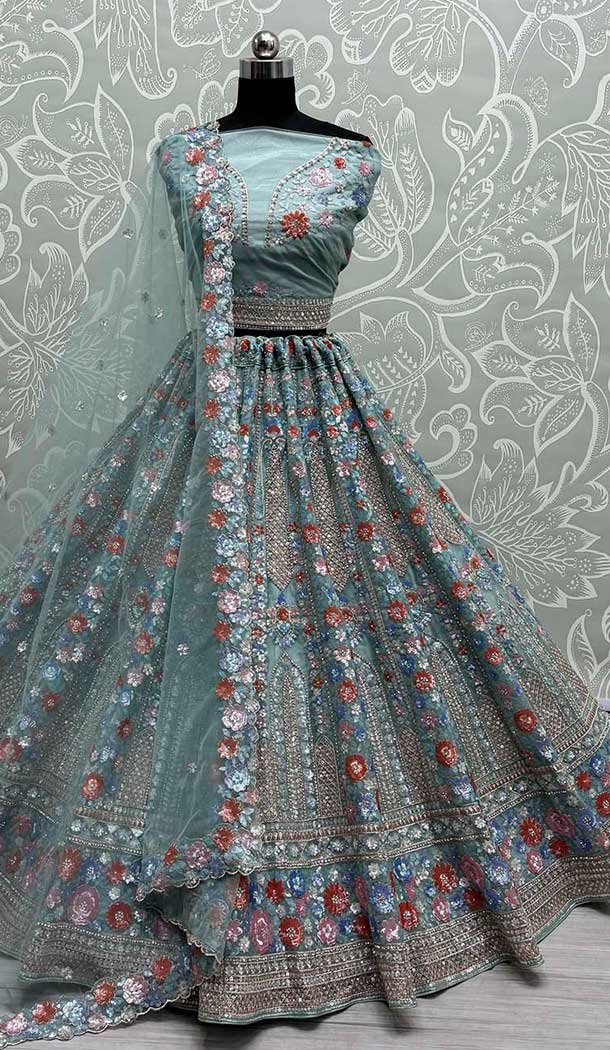 Bridal Wedding Wear Soft Net Diamond Work Lehenga Choli In Aqua Blue -139325811