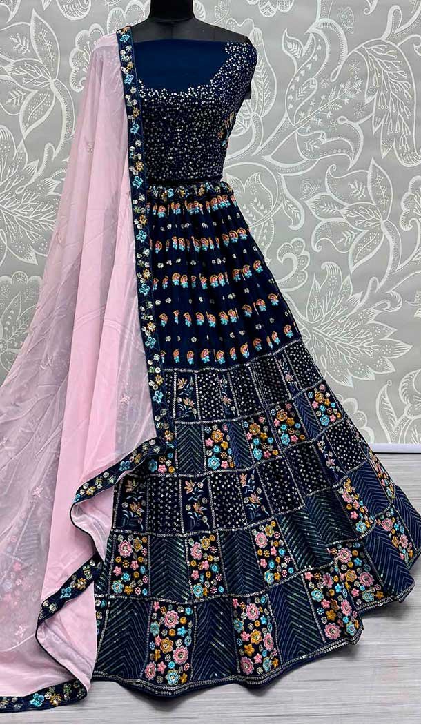 Georgette Embroidery Work Mehendi Sangeet Wear Lehenga In Navy Blue -139395848