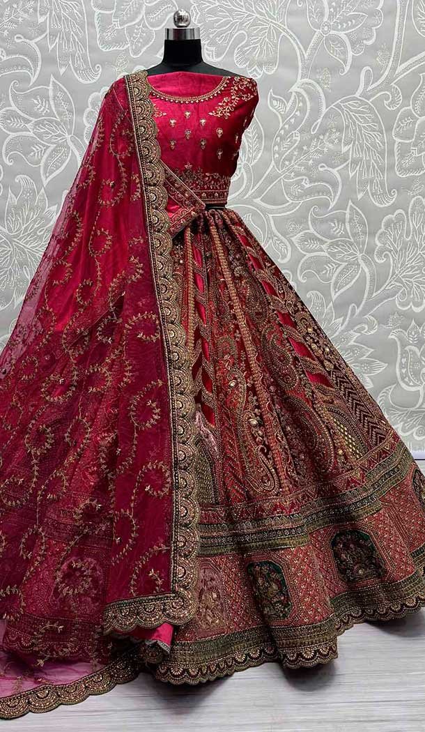 Heavy Velvet Diamond Work Wedding Wear Pink Lehenga Choli -139405857