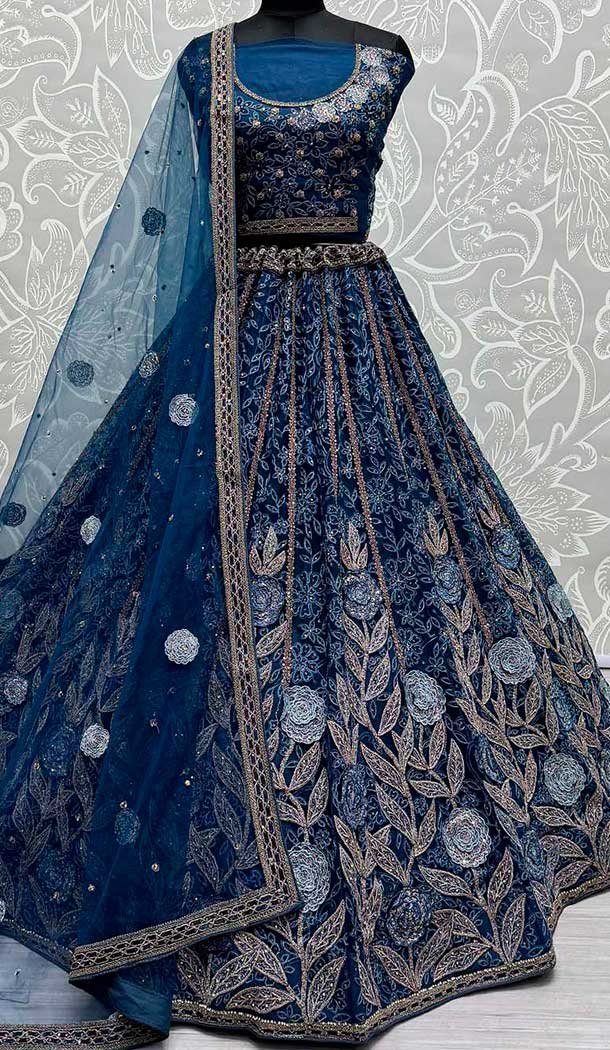 Embroidery Work Net Designer Bridal Wedding Lehenga Choli in Blue -140456421