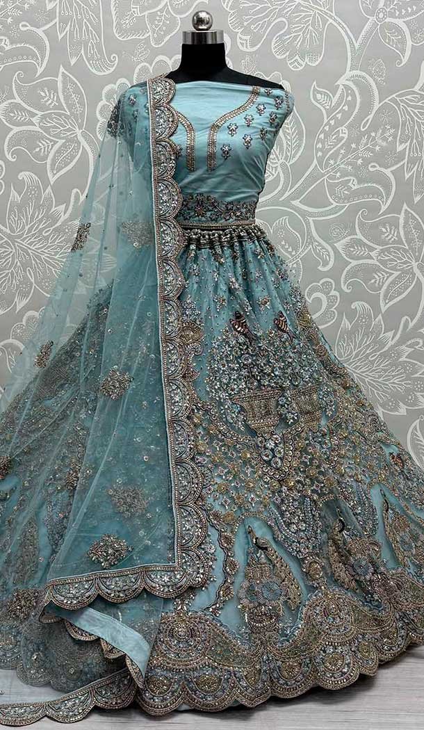 Embroidery Work Net Designer Bridal Wedding Lehenga Choli in Firozi Blue -140456423