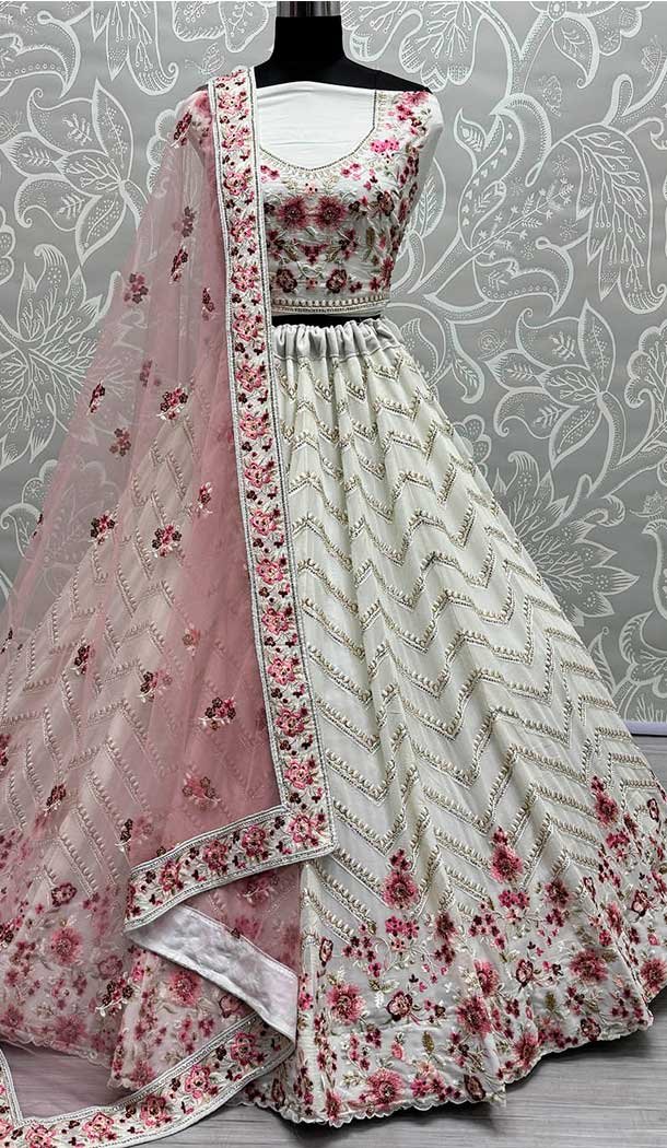 Georgette Diamond Embroidery Work Designer Lehenga Choli In White -140536457