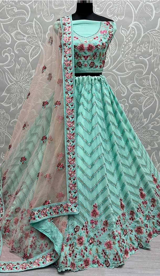 Georgette Diamond Embroidery Work Designer Lehenga Choli In Sky Blue -140536458
