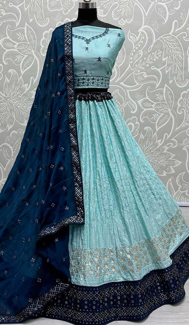 Georgette Embroidery Work Designer Women Ghagra Choli In Sky Blue -141146775