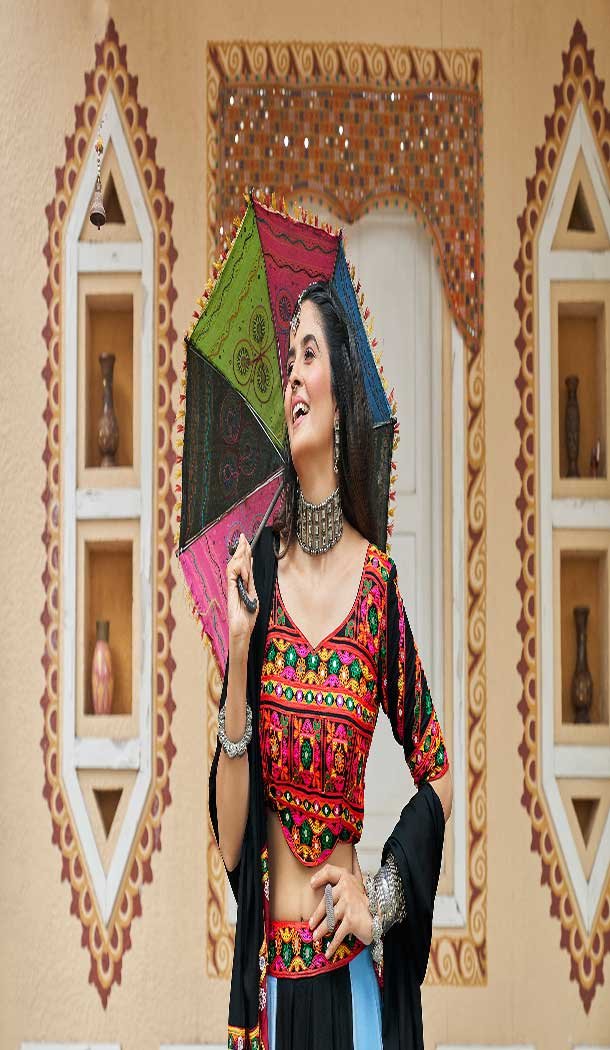 Viscose Rayon Mirror Work Navratri Special Chaniya choli In Sky Blue -144929091