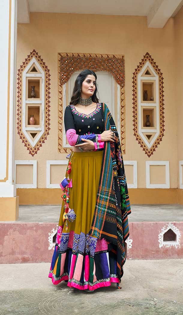 Viscose Rayon Mirror Work Navratri Special Chaniya choli In Fluorescent Green -144929094
