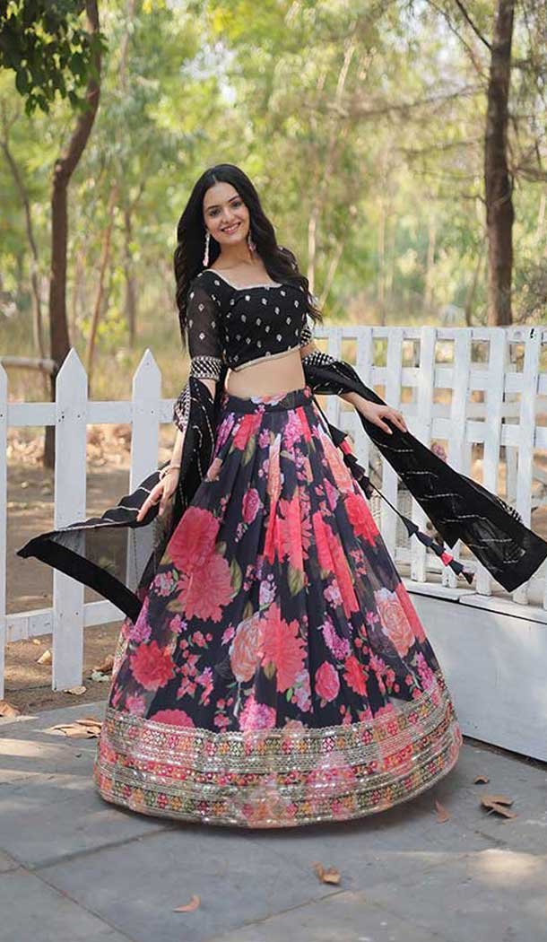 Faux Georgette Sequins Work Traditional Wear Lehenga Choli In Black -144999133
