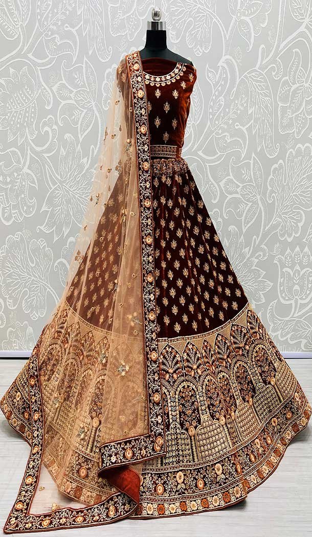 Velvet Diamond Work Designer Wedding Wear Lehenga Choli In Coffee -145369335