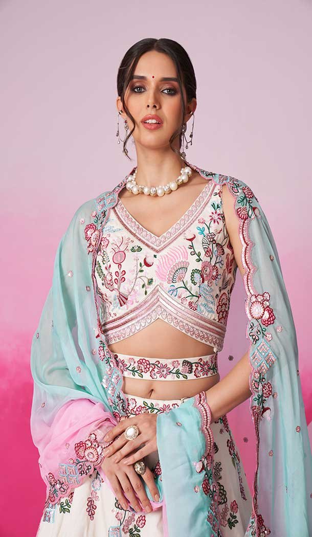 Silk Embroidery Work Sangeet Ceremony Lehenga Choli In Cream -145409368