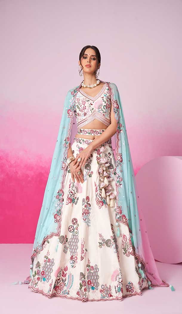 Silk Embroidery Work Sangeet Ceremony Lehenga Choli In Cream -145409368