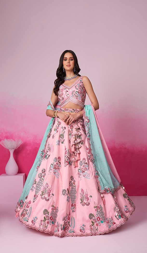 Silk Embroidery Work Sangeet Ceremony Lehenga Choli In Pink -145409369
