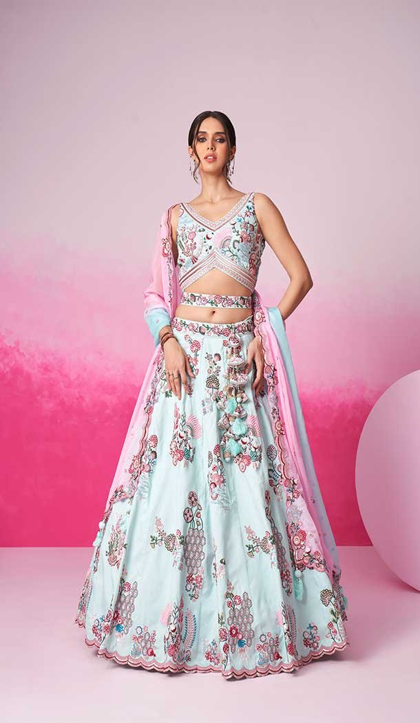 Silk Embroidery Work Sangeet Ceremony Lehenga Choli In Turquoise Blue -145409370