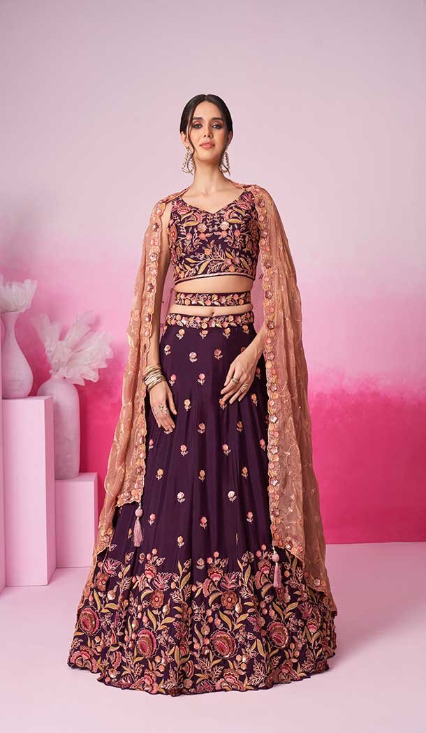 Chiffon Embroidery Work Sangeet Ceremony Lehenga Choli In Burgundy -145409371